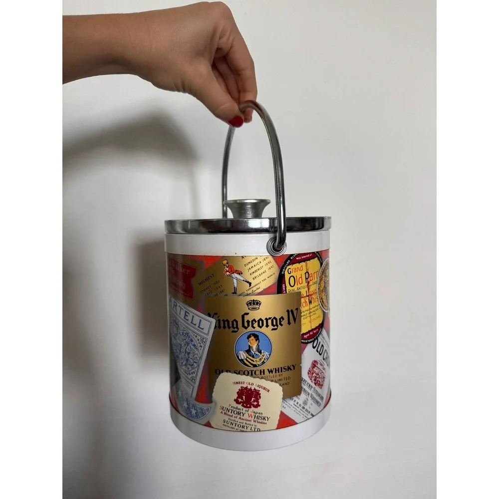 Vintage Liquor Label Collage Ice Bucket Chrome Lid Japan Mid Century Barware